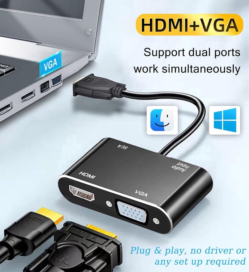 AKWOR محول VGA إلى HDMI + VGA لشاشات مزدوجة، محول VGA إلى HDMI مقسم 2 في 1، 1080P@60HZ عرض فيديو عالي الدقة لمحول الكمبيوتر المحمول/الشاشة/التلفاز/البروجيكتور (لأنظمة ويندوز وماك)  - Image 2